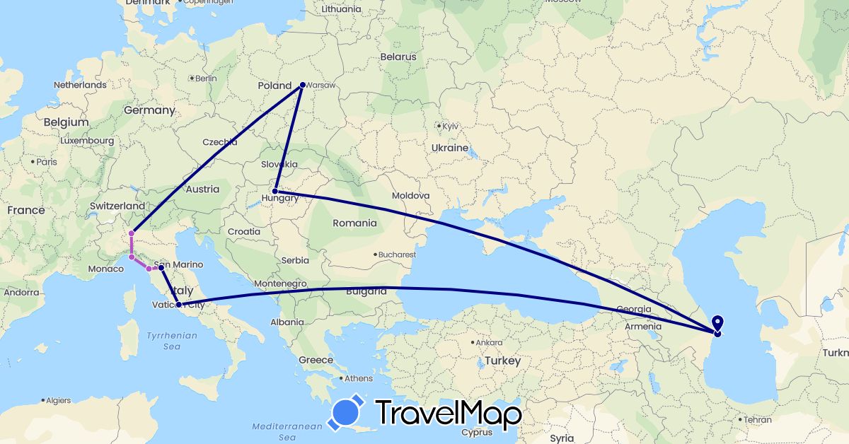 TravelMap itinerary: driving, train in Azerbaijan, Hungary, Italy, Poland (Asia, Europe)